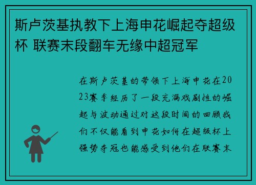 斯卢茨基执教下上海申花崛起夺超级杯 联赛末段翻车无缘中超冠军